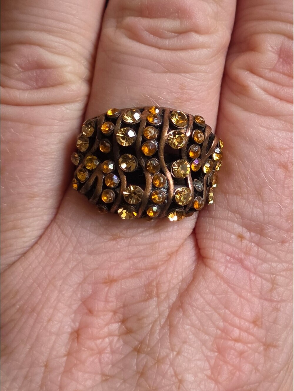 Vintage 1980's Amber Topaz Rhinestone Dome Ring Adjustable